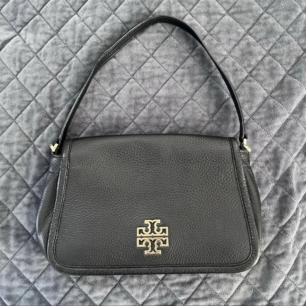 Tory Burch Britten Shoulder Bag Purse Black Leather Flap
